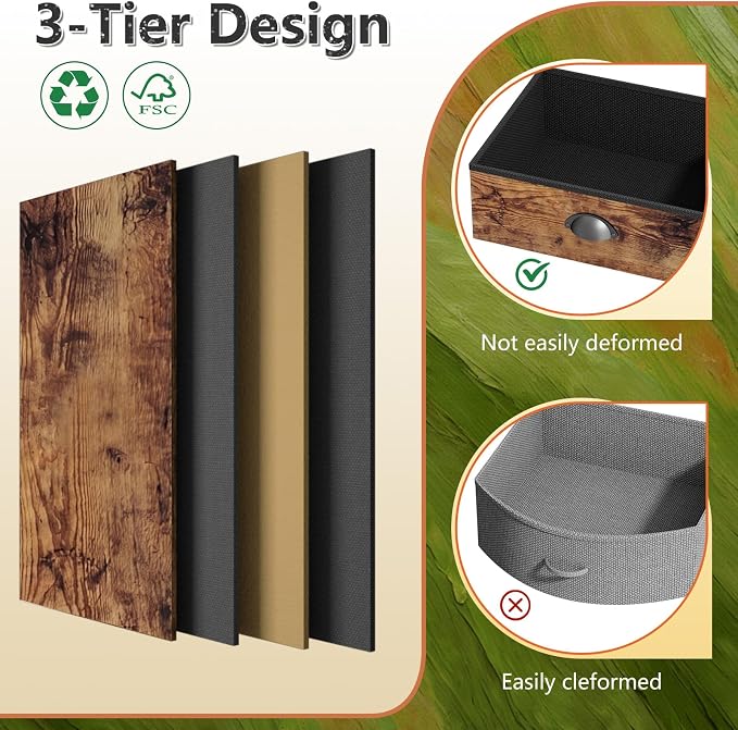 Night Stand Set 2, Nightstand with 3 Fabric Drawers and 2-Tier Shelf, Small Dresser Organizer, Bedside Table with Storage, End Table for Bedroom, Steel Frame, Wood Top, Rustic Brown