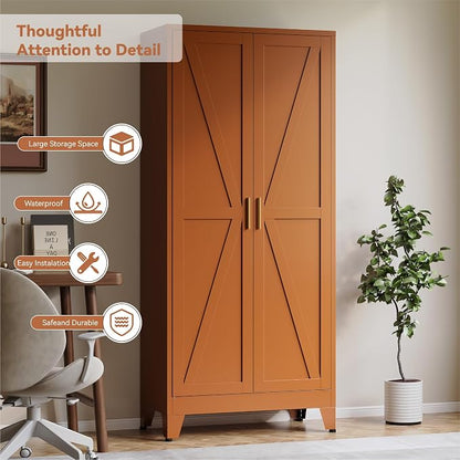 Baborokic 71H Tall Metal Storage Cabinet with 2 Doors and Adjustable Shelves,Farmhouse Storage Cabinet with Barn Doors,Pantry Storage for Home,Office,Dining Room,Kitchen(Rustic Brown)