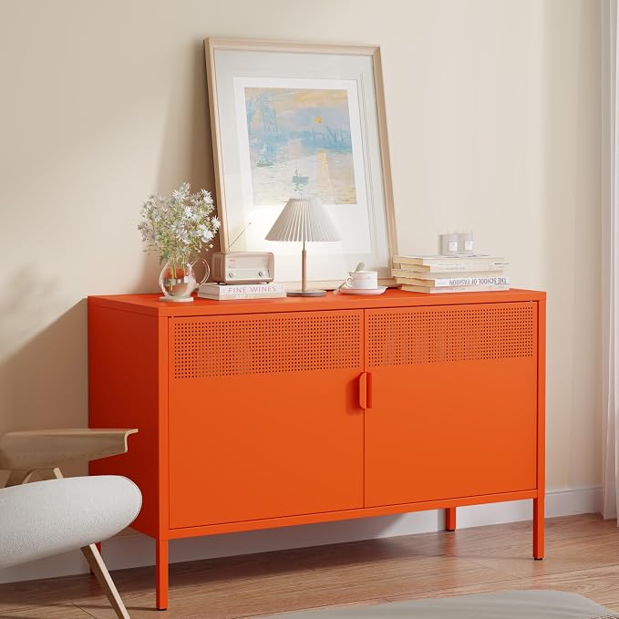 Orange 25" H Metal Storage Cabinet with Adjustable Shelf, 2 Door Accent Cabinet, 2-Tier Low Cabinet with Vent Hole, TV Stand for Entryway, Home Office, Music Studio