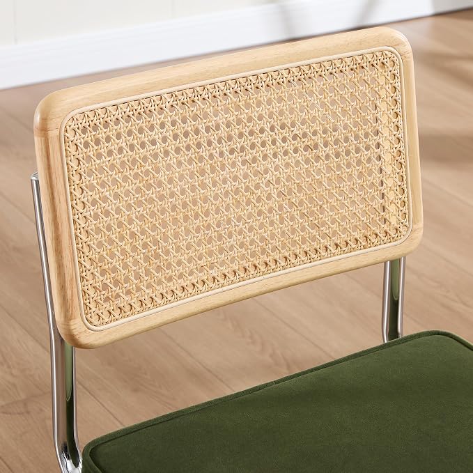 Zesthouse Natural Rattan Dining Chairs Set of 2, Olive Green Modern Kitchen Chairs with Solid Wood Back & Chrome Base, Mid Century Breuer Design Inspired, Upholstered Velvet Fabric