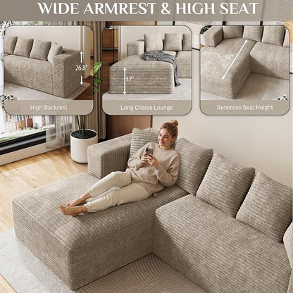 Oversized L Shaped Boneless Sectional Couches for Living Room, 107" Comfy Fluffy Cloud Modular Sectional Sofa, Plush Corduroy Memory Foam Floor Sofa with Left Facing Chaise Couch