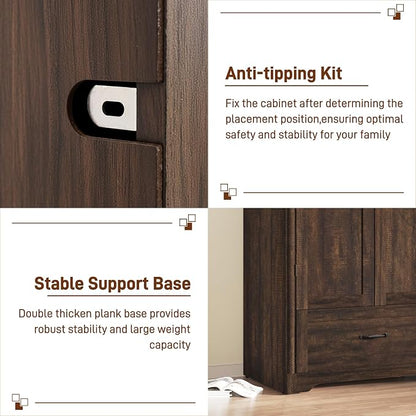 Squireewo 2 Doors Armoire Wardrobe Closet with Doors and Drawers, 71" Farmhouse Arched Wooden Wardrobe Cabinet with Mirror and Lights, Large Armoire Storage Cabinet with Shelves & Hanging Rod,Brown