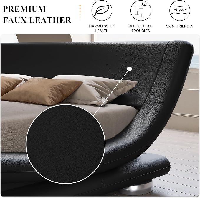 SHA CERLIN King Size Upholstered Bed Frame, Deluxe Low Profile Sleigh Bed with Faux Leather Ergonomics Headboard, No Box Spring Needed & Easy Assembly, Black