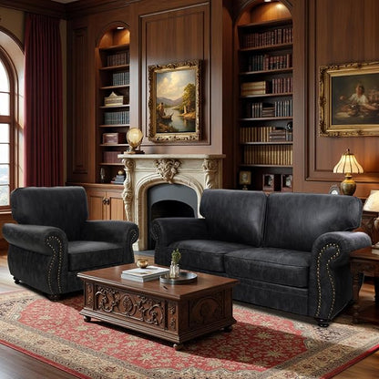 Couchus Living Room Furniture Sets,Mid-Century Vintage Sofa Couches with Rivet Design (Grey, Single+Loveseat)