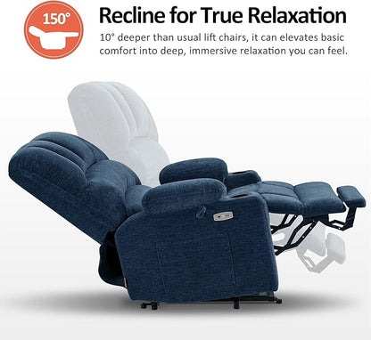 MCombo Power Lift Recliner Chair for Elderly, Lift Chair with Heat and Massage, Extra Wide Lift Recliner for Big People, Fabric R7096 (Medium-Wide, Navy Blue)