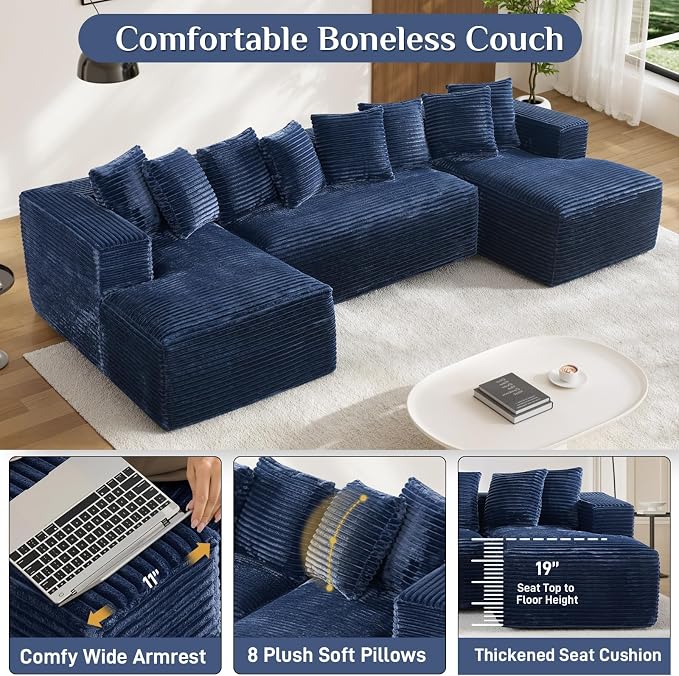 131" Oversized U Shaped Cloud Sectional Couches for Living Room, Comfy Fluffy Corduroy Blue Boneless Sectionals Couch, Plush Memory Foam Modular Sectional Sofa with Chaise- 19" Seat Height