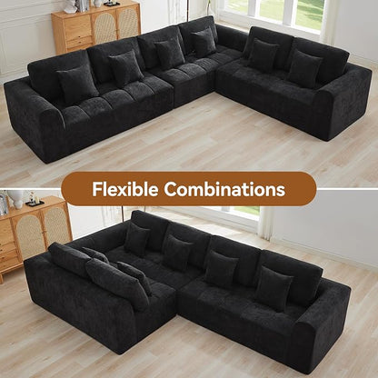 140''Modular Sectional Couches for Living Room, Cloud Boneless Compressed Sectional Sofa, Oversized L Shaped 6 Seater Upholstered Memory Foam Sofa, No Assembly, Chenille Black