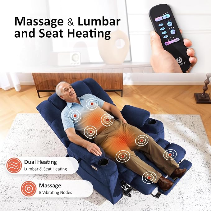 MCombo Triple Motor Power Lift Recliner Chair with Massage and Dual Heating, Adjustable Headrest for Elderly People, Fabric 7632 (Navy Blue, Medium)