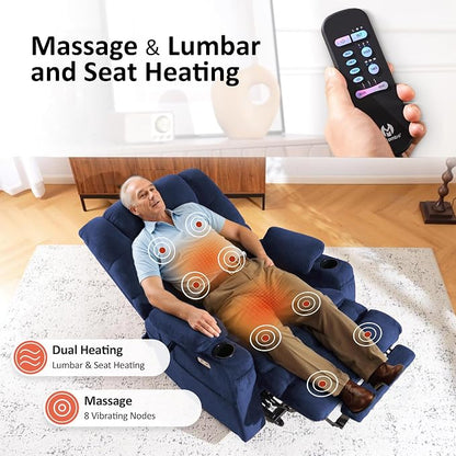 MCombo Triple Motor Power Lift Recliner Chair with Massage and Dual Heating, Adjustable Headrest for Elderly People, Fabric 7632 (Navy Blue, Medium)