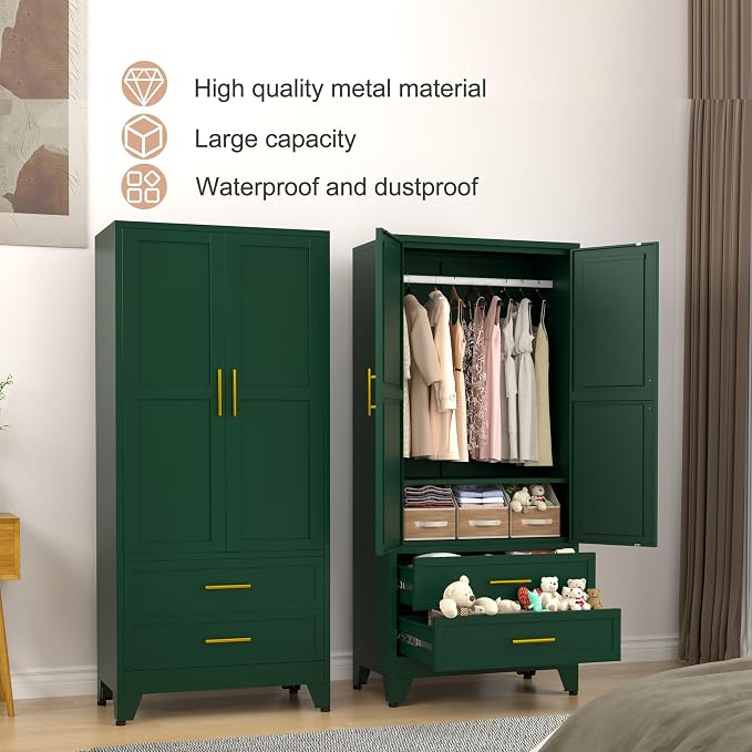 PAOFIN Green 71" Metal Armoire Wardrobe Closet, Bedroom Clothing Storage Cabinet with 2 Drawers and Hanging Rod, Freestanding Armoire Cabinet with Adjustable Shelves