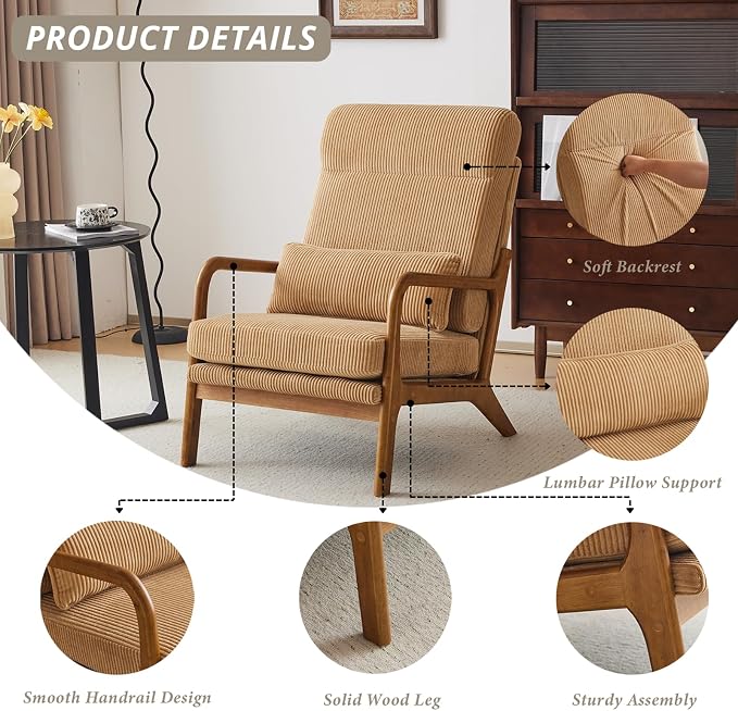Karl home Accent Chair High Back Mid-Century Modern, Khaki | Corduroy Upholstered, Walnut Color Solid Rubber Wood Frame, Soft Cushion with Pillow, For Living Room, Bedroom, Balcony