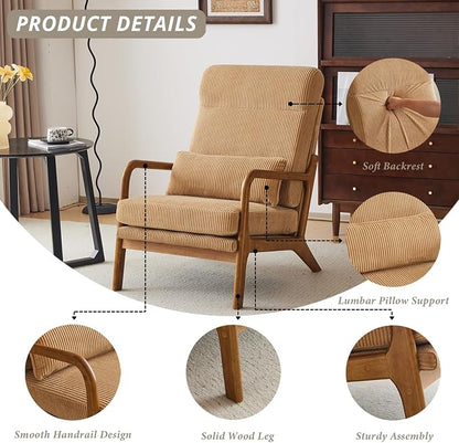 Karl home Accent Chair High Back Mid-Century Modern, Khaki | Corduroy Upholstered, Walnut Color Solid Rubber Wood Frame, Soft Cushion with Pillow, For Living Room, Bedroom, Balcony