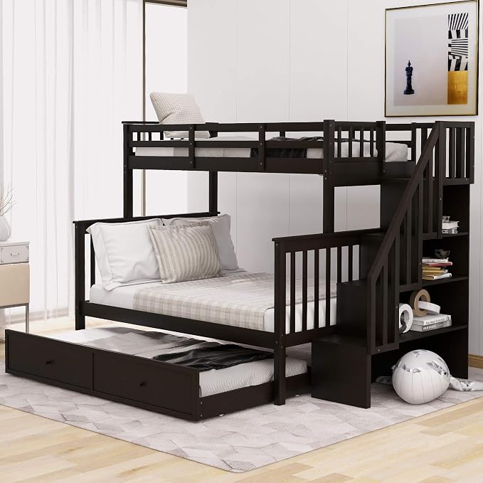 MERITLINE Twin Over Full Bunk Bed with Trundle, Storage Staircase,Solid Wood Bunk Bed with Stairs Box and Guardrail, No Spring Box Needed (Espresso &Trundle,Twin Over Full)