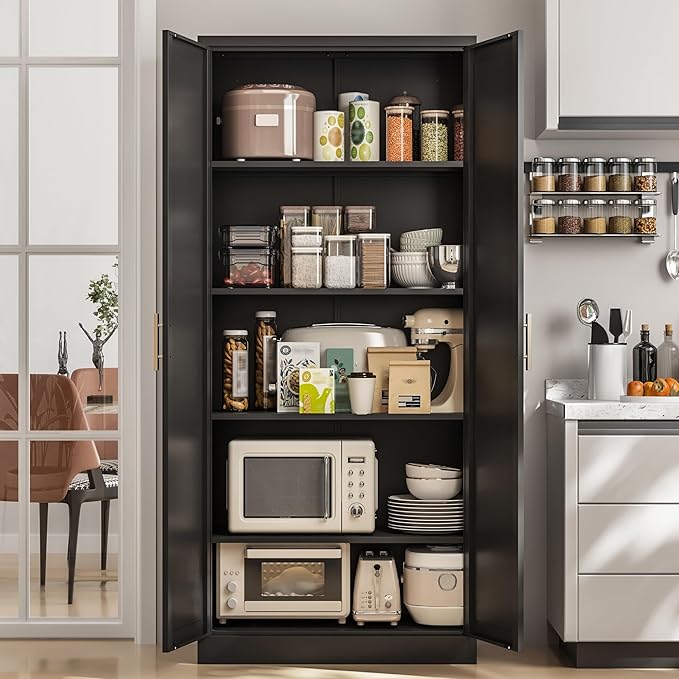 BESFUR Kitchen Pantry Cabinet,71” Metal Tall Pantry Storage Cabinet with Doors and 4 Adjustable Shelves,Kitchen Storage Cabinets Black Freestanding Food Cabinet for Pantries, Kitchen