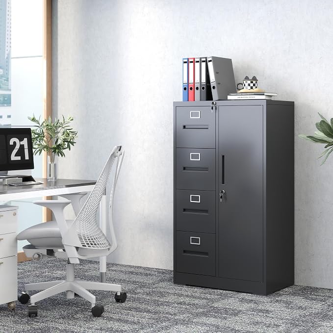 IKIMI 4 Drawer Black File Cabinet with 1 Door,Metal Storage Locker Cabinets for Employees,Home Office Lockable Steel Filing Cabinets for Legal/Letter Size Files, Assembly Required