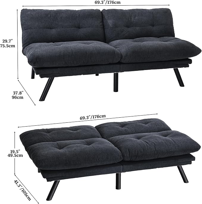 YITAHOME Convertible Futon Sofa Bed with Adjustable 3 Color Light Strip, 70" Folding Futon Set for Living Room Home Office Aprtment, Modern Futon Couch with Adjustable Backrest & Armrests, Black
