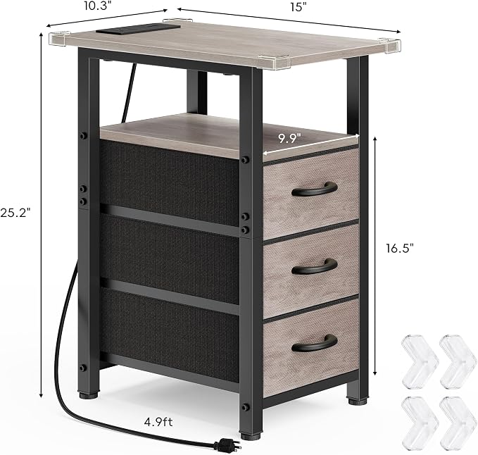 Vagusicc Set of 2 Narrow Nightstand with Charging Station, Slim Dresser for Bedroom Narrow Side Table Storage Cabinet with 3 Drawers, Tall Night Stand End Table for Small Spaces, Greige