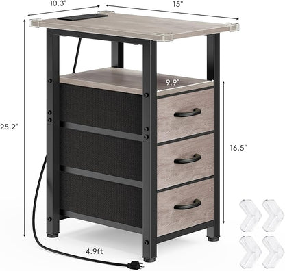Vagusicc Set of 2 Narrow Nightstand with Charging Station, Slim Dresser for Bedroom Narrow Side Table Storage Cabinet with 3 Drawers, Tall Night Stand End Table for Small Spaces, Greige