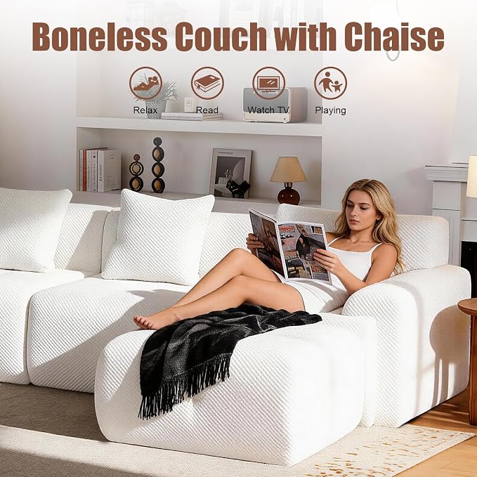 135" Cloud Couch Sectional with 2 Ottoman, U-Shaped Boneless Sofa,Modern Modular Couch, Pineapple Grid Fabric with Foam & Spring Filling for Living Room, No Assembly Required (White, 4seates)
