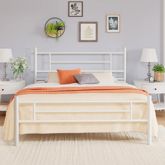 Allewie 14 Inch Queen Size Metal Platform Bed Frame with Headboard and Footboard, Underbed Storage, Strong Metal Slats Support, Mattress Foundation, No Box Spring Needed, Easy Assembly, White