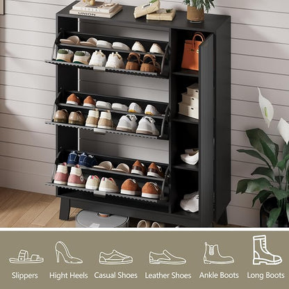 Shoe Cabinet Storage for Entryway with 3 Flip Drawers & Side Cabinet, Fluted Narrow Shoe Organizer with Wooden Leg, Freestanding Shoe Storage Hidden Shoe Rack Organizer for Front Door Entrance, Black