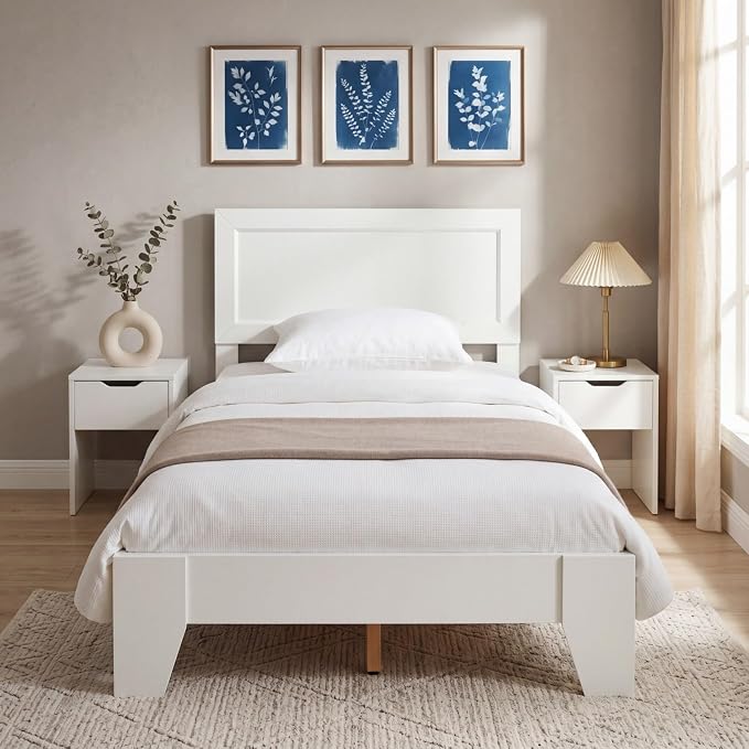 Giantex Twin Size Wooden Bed Frame with Headboard, Wood Slat Support | Modern Platform Bed with Heavy Duty Mattress Foundation, Under-Bed Storage, No Box Spring Needed, Easy Assembly (White)