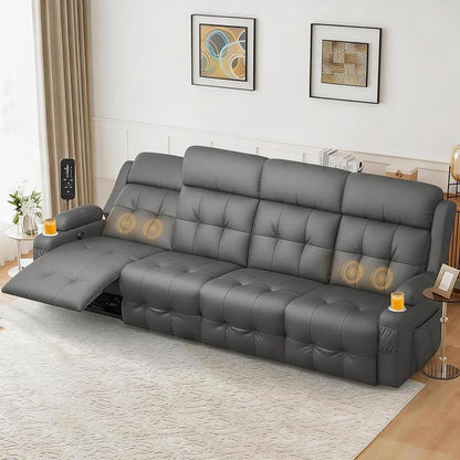 Reclining Couch, 113" PU Leather Sofa Recliner with Massage - 4 Seat Home Theater Seating Comfy Soft, Manual Wall Hugger Reclining with Lumbar Support Sofa Set for Family Living Room, Dark Gray