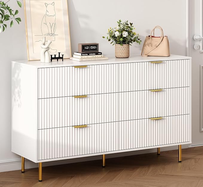 White Fluted 6 Drawers Dresser for Bedroom with Gold Handle, 56" Wide Modern Wooden Chest of Drawers, Bedrooms Tv Stand Storage Organizer Dressers for Living Room Closet