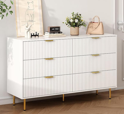 White Fluted 6 Drawers Dresser for Bedroom with Gold Handle, 56" Wide Modern Wooden Chest of Drawers, Bedrooms Tv Stand Storage Organizer Dressers for Living Room Closet