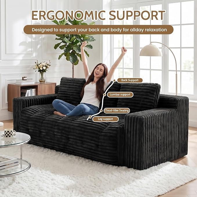70” Boneless Couch, 3 Seater Sofa Couch with Extra Deep Seats 3 Pillows,Corduroy Modern Small Couch for Living Room, Office, Bedroom, Apartment,Black