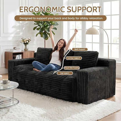 70” Boneless Couch, 3 Seater Sofa Couch with Extra Deep Seats 3 Pillows,Corduroy Modern Small Couch for Living Room, Office, Bedroom, Apartment,Black