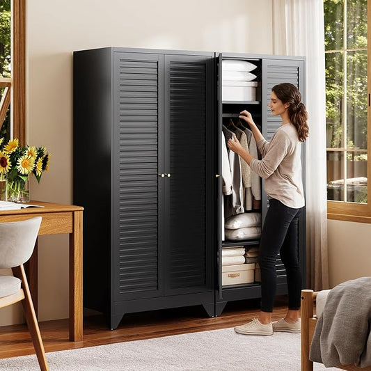 Letaya Armoire Wardrobe Closet,20" Deep Metal Wardrobe Cabinet with Doors and Shelves,Hanging Rod Clothing Storage Cabinets for Home RoomBlack