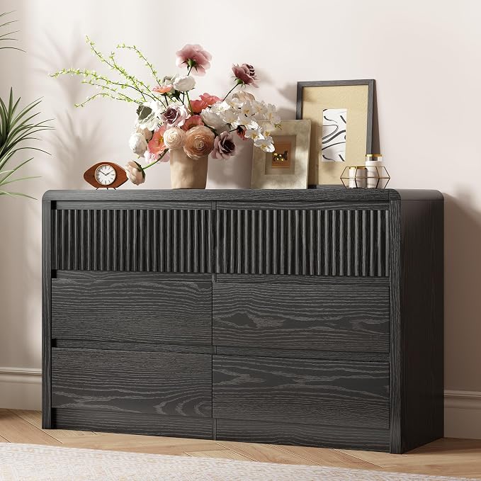 LYNSOM 6 Drawer Dresser for Bedroom, 50" Wide Fluted Dresser with Curved Corners, Wood Dressers & Chests of Drawers with Dual-Panel Design for Bedroom, Entryway, Black