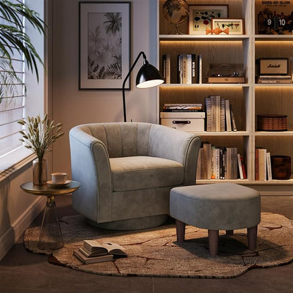 LINSY Swivel Accent Chair Ottoman Set: Velvet Larege Barrel Chair with Foot Rest, Modern Reading Chair Upholstered Armchair with Footrest for Living Room Bedroom Study Room Office (Grey)