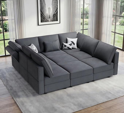 Vesgantti Modular Sofa Bed with Storage, 92" Sleeper Sofas with 9 Seats Storage Chaises Removable Cover, Luxury Large Velvet Sectional Couch Set for Living Room, Apartment, Home Theater, Gray