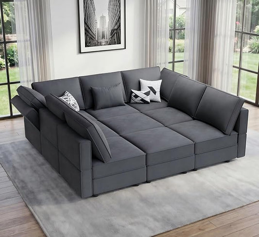Vesgantti Modular Sofa Bed with Storage, 92" Sleeper Sofas with 9 Seats Storage Chaises Removable Cover, Luxury Large Velvet Sectional Couch Set for Living Room, Apartment, Home Theater, Gray