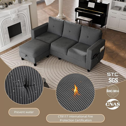 Convertible Sectional Sofa with Storage Ottoman, 77” L-Shaped 3-Seat Couch with Skin-Friendly Corduroy Fabric, Reversible Small Sectional for Small Space, Apartment, Living Room and Office(Dark Grey)