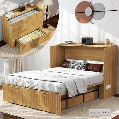Full Size Murphy Bed Cabinet: Oak Folding Murphy Bed for Small Spaces, Wood Hidden Beds Cabinet with Charging Station, Modern 2 in 1 Hideaway Beds Cabinets (Oak-Fluted)