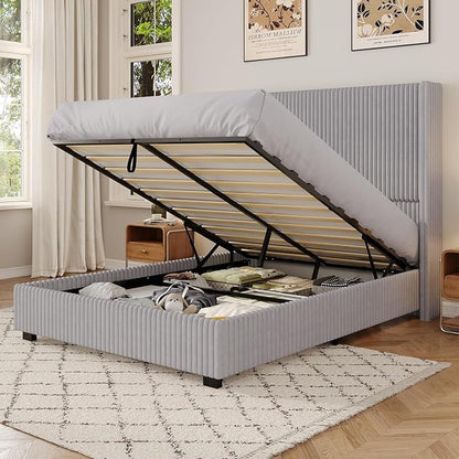 UNIQUITE Queen Size Lift Up Storage Bed Frame with 51 Inch Tall Wingback Headboard, Corduroy Upholstered Platform Bed with Hydraulic Storage, 2 USB Ports, No Box Spring Needed, Noise-Free, Light Grey