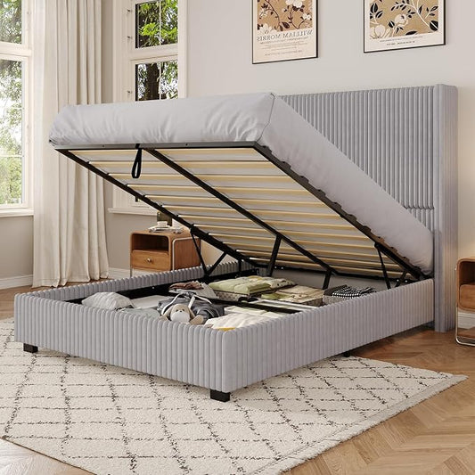 UNIQUITE Queen Size Lift Up Storage Bed Frame with 51 Inch Tall Wingback Headboard, Corduroy Upholstered Platform Bed with Hydraulic Storage, 2 USB Ports, No Box Spring Needed, Noise-Free, Light Grey