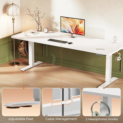 Huuger 78.7'' x 29.5'' Large Electric Standing Desk, Height Adjustable Computer Desk, 29.5" Deep Desktop, Stand up Gaming Office Desk with 2 Hooks, 3 Preset Heights, for Home Office, White