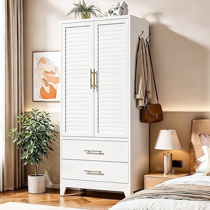 Metal Armoire Wardrobe Closet, 71" Clothing Storage Cabinets with Adjustable Hanging Rod and Shelves , Louvered Doors, 2 Side Hooks & 2 Drawers - Closet Cabinet for Bedroom, Laundry Room, Cloak Room