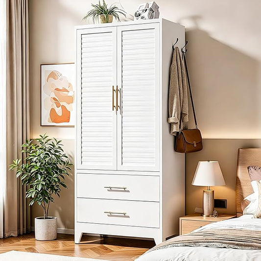 Metal Armoire Wardrobe Closet, 71" Clothing Storage Cabinets with Adjustable Hanging Rod and Shelves , Louvered Doors, 2 Side Hooks & 2 Drawers - Closet Cabinet for Bedroom, Laundry Room, Cloak Room
