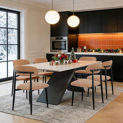 FREKEN Modern Upholstered Dining Chairs Set of 6, Mid-Century Metal Frame Linen Fabric Side Chair for Kitchen Dining Room, 350lbs Capacity, Brown