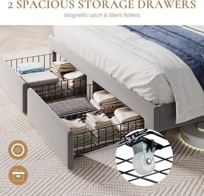 SHA CERLIN Full Velvet Platform Bed Frame with 2 Storage Drawers, LED Storage Headboard with Charging Station, Upholstered Wingback Headboard, Noise-Free, No Box Spring Needed, Easy Assembly, Grey