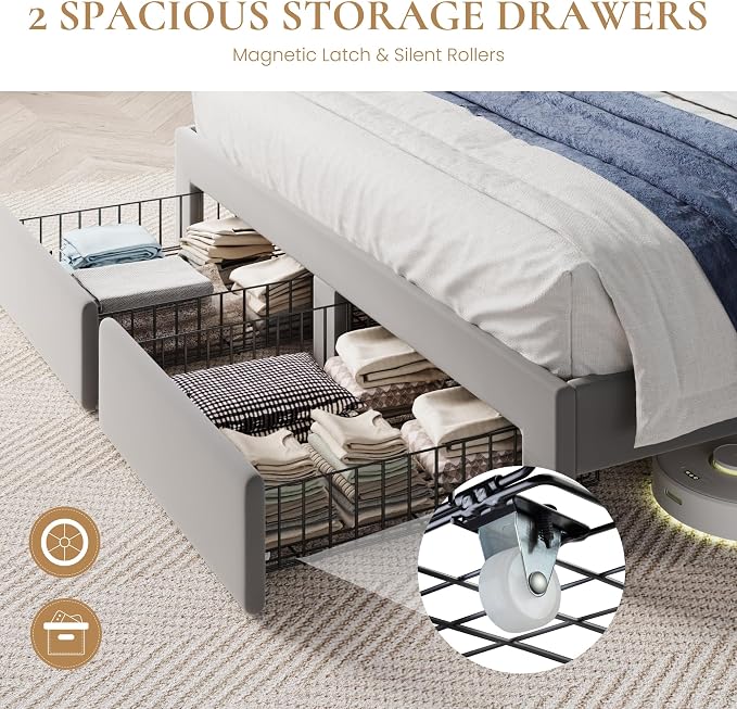 SHA CERLIN Queen Velvet Platform Bed Frame with 2 Storage Drawers, LED Storage Headboard with Charging Station, Upholstered Wingback Headboard, Noise-Free, No Box Spring Needed, Easy Assembly, Grey