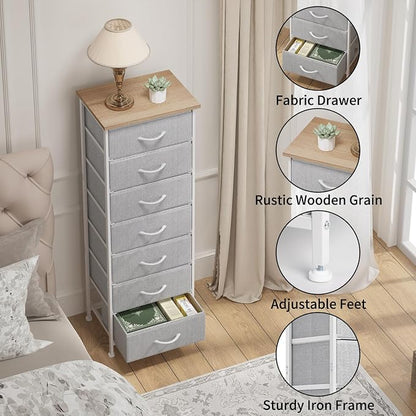 Fixwal Tall Dresser for Bedroom, Storage Dresser Organizer with 7 Fabric Drawers, Nightstand Furniture in Closet, Entryway, Hallway, Light Grey