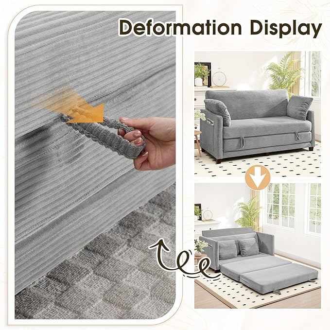 65" Convertible Loveseat Sofa Bed, 2-in-1 Folding Sofa Bed with 2 Pillow for Small Spaces, Modern Loveseat Sleeper Couch for Apartment, Living Room & Guest Room (Corduroy Light Grey, 65 inch)