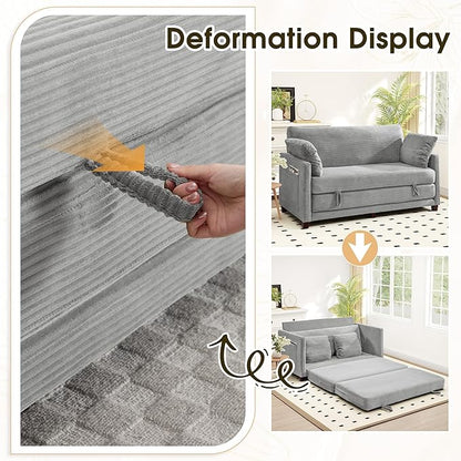 65" Convertible Loveseat Sofa Bed, 2-in-1 Folding Sofa Bed with 2 Pillow for Small Spaces, Modern Loveseat Sleeper Couch for Apartment, Living Room & Guest Room (Corduroy Light Grey, 65 inch)