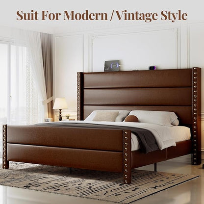 King Size Bed Frame with Storage Shelf & Charging Station, 55" Tall Headboard & 25.6" Footboard, Faux Leather Upholstered Platform Bed with Big Rivets Wingback, Heavy Duty & Noise-Free, Brown